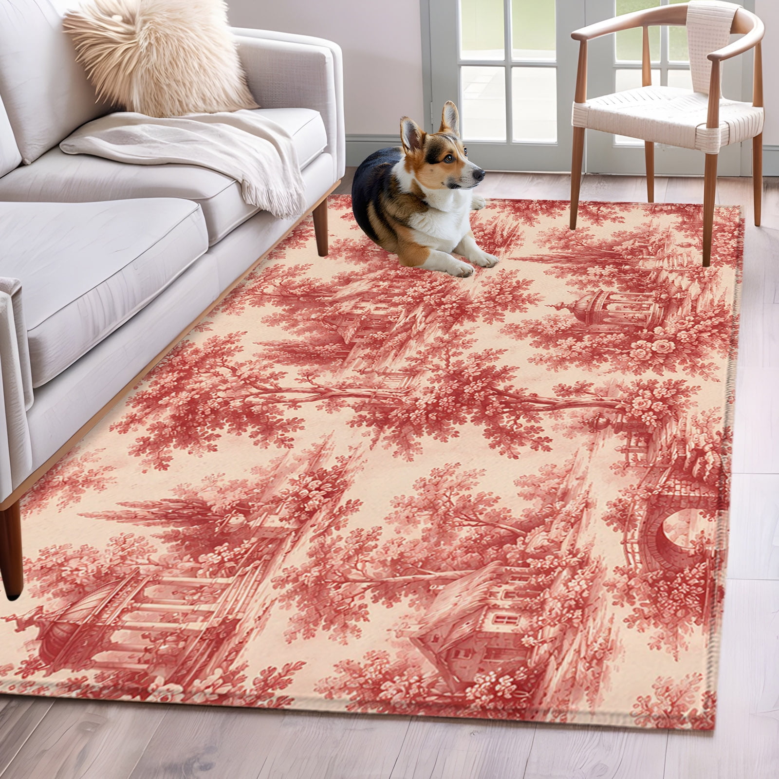 Rectangle Rug 4x6ft Area Rug Vintage Rural Scene Area Rugs for Living Room Bedroom Country Flower Tree Cottage Landscape Floor Mat Non-Slip Non-Shedding Carpet Indoor Accent Rugs