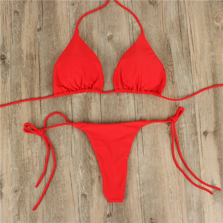 Qiylii Women 2PCS Solid Color Bikini Set, Solid Color Wire-Free Padded  Halter Straps Bra, High Waist Triangle Panty, Summer Swimming Set