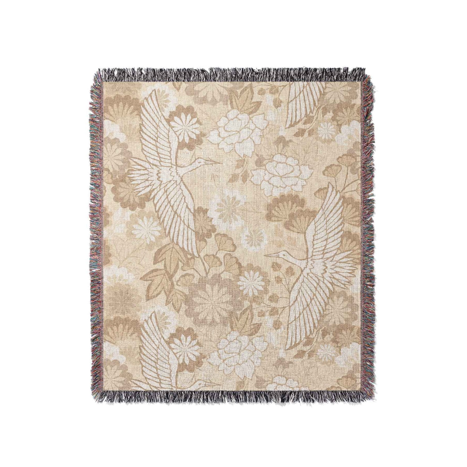 KORVYNZA Beige Flying Crane and Botanical Floral Woven Cotton Throw Blanket with Fringed Edges