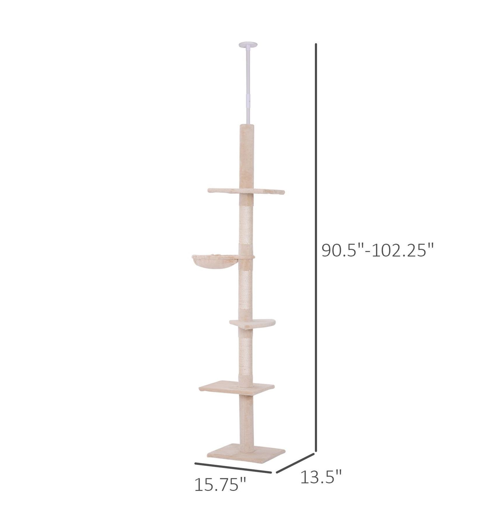 8.5' Cat Tree Floor to Ceiling Adjustable Height, 5 Platform Cat Tower with Sisal Scratching Posts, Beige
