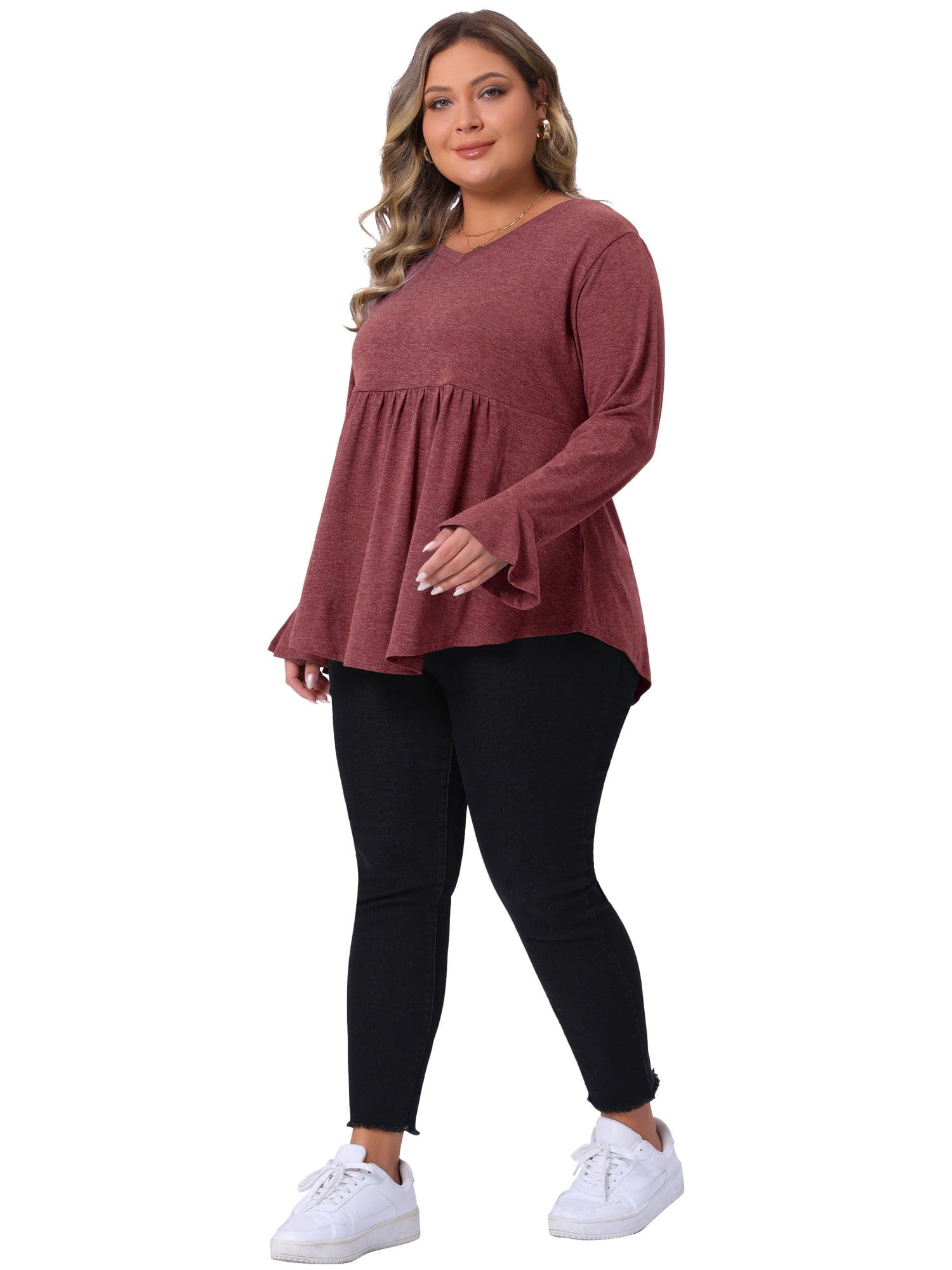 Women's Plus Long Sleeve Shirts Flared Sleeves Pullover Dressy Casual Peplum Tops 2X Burgundy