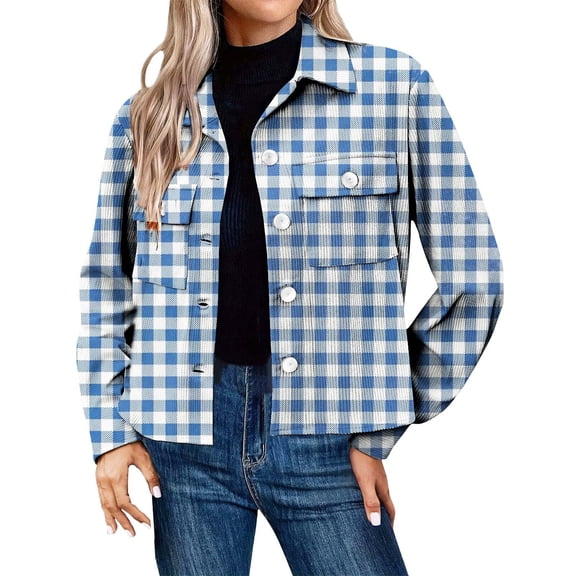 Vinsonshop Corduroy Jacket Women Shacket for Women Plaid Jackets for Womn Womens Cropped Jacket Fall Coat Spring Jackets Corduroy Shacket Women Blue L