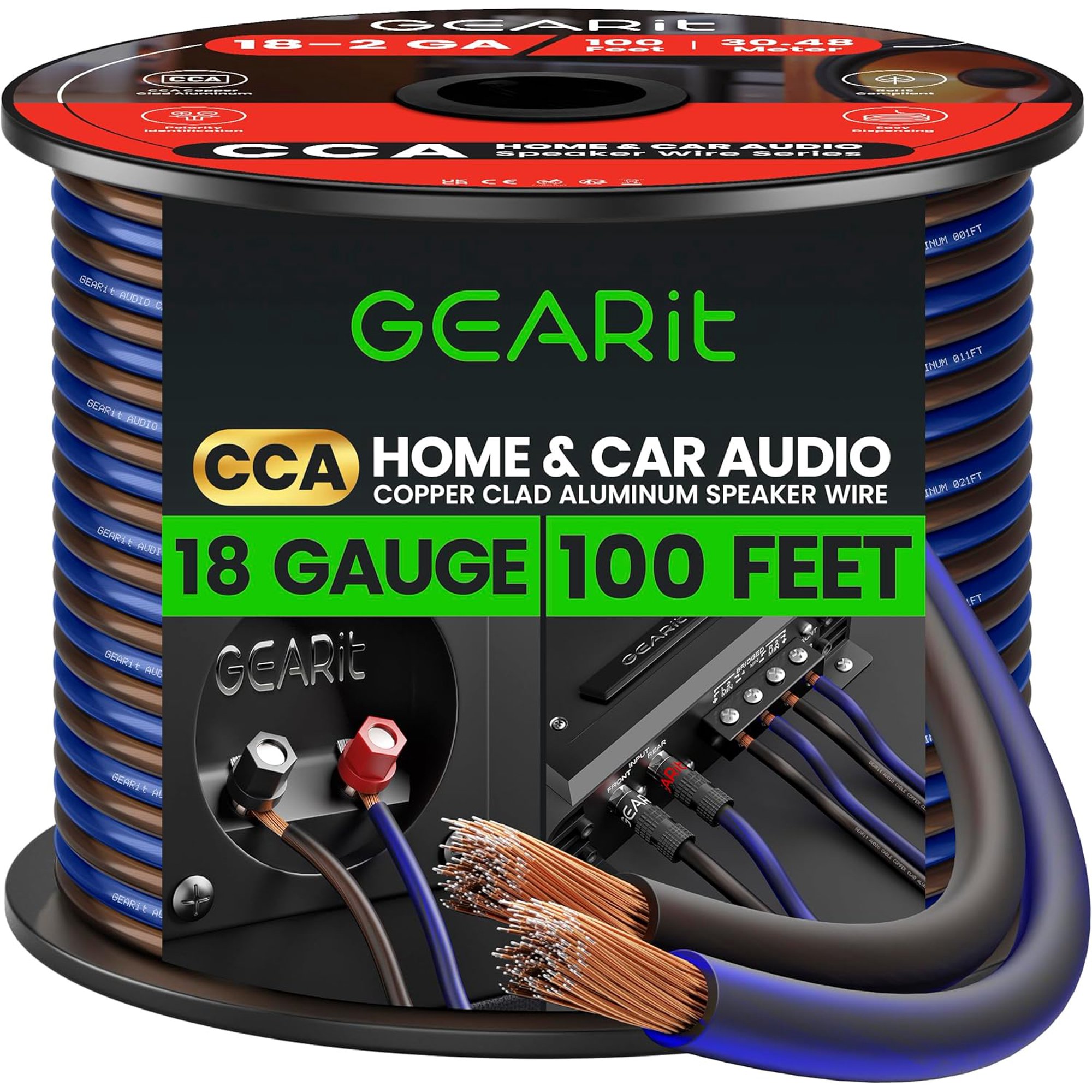 GEARit Pro Series 18AWG Speaker Wire, 18 Gauge Speaker Wire Cable (100 Feet / 30 Meters) Great Use for Home Theater Speakers and Car Speakers, Transparent Black/Blue