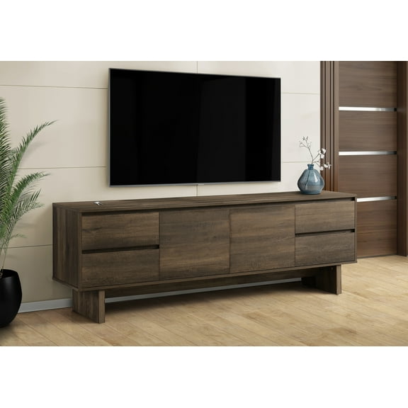 72 Inch Transitional TV Stand Brown Laminate Console Media Entertainment Center with 4 Storage Drawers & Cabinet, Push Latch, Cable Management for Living Room