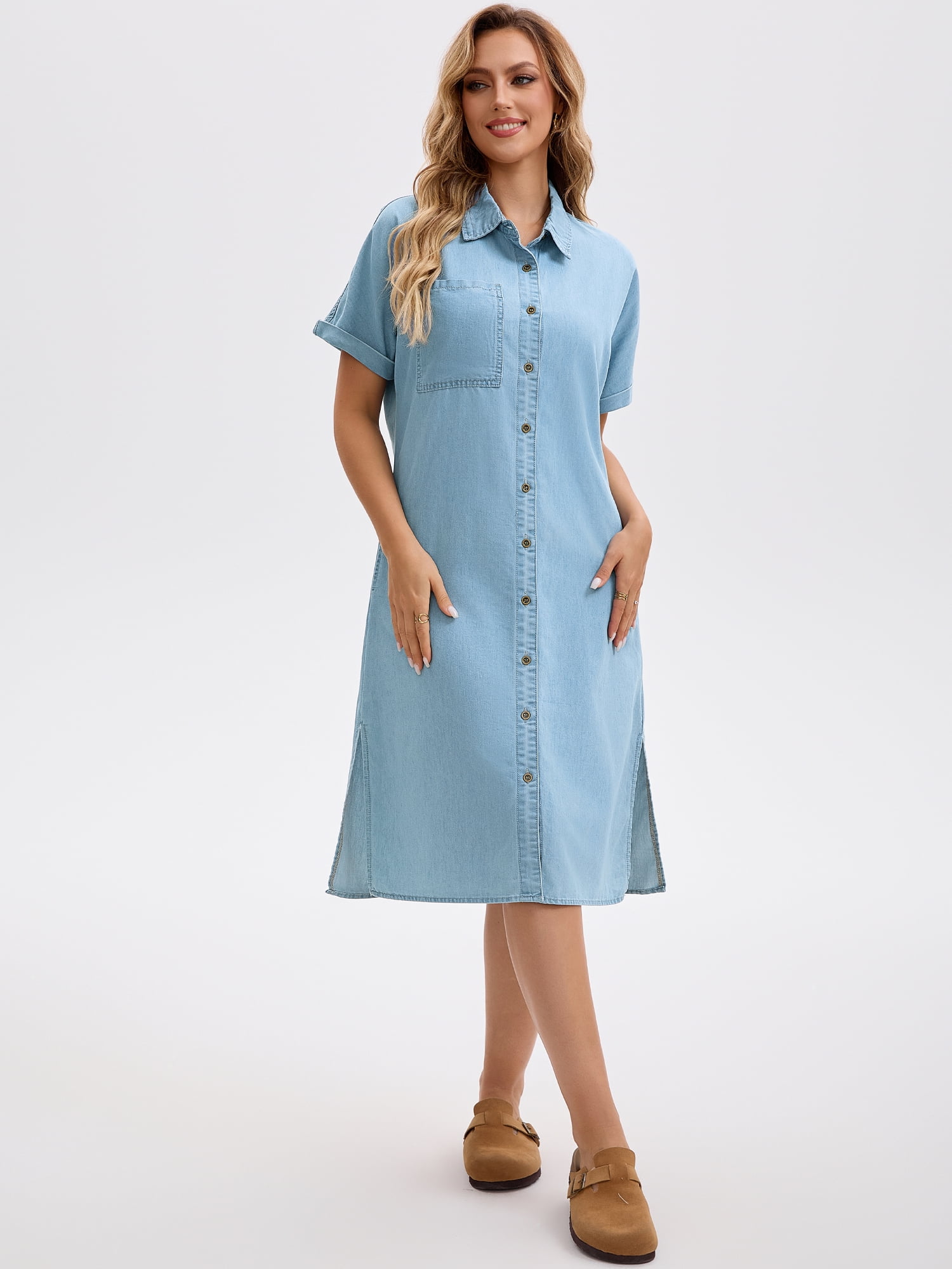 DARING DIVA Midi Denim Short Sleeve Button Down Tunic Jean Dress 2XL Light Blue