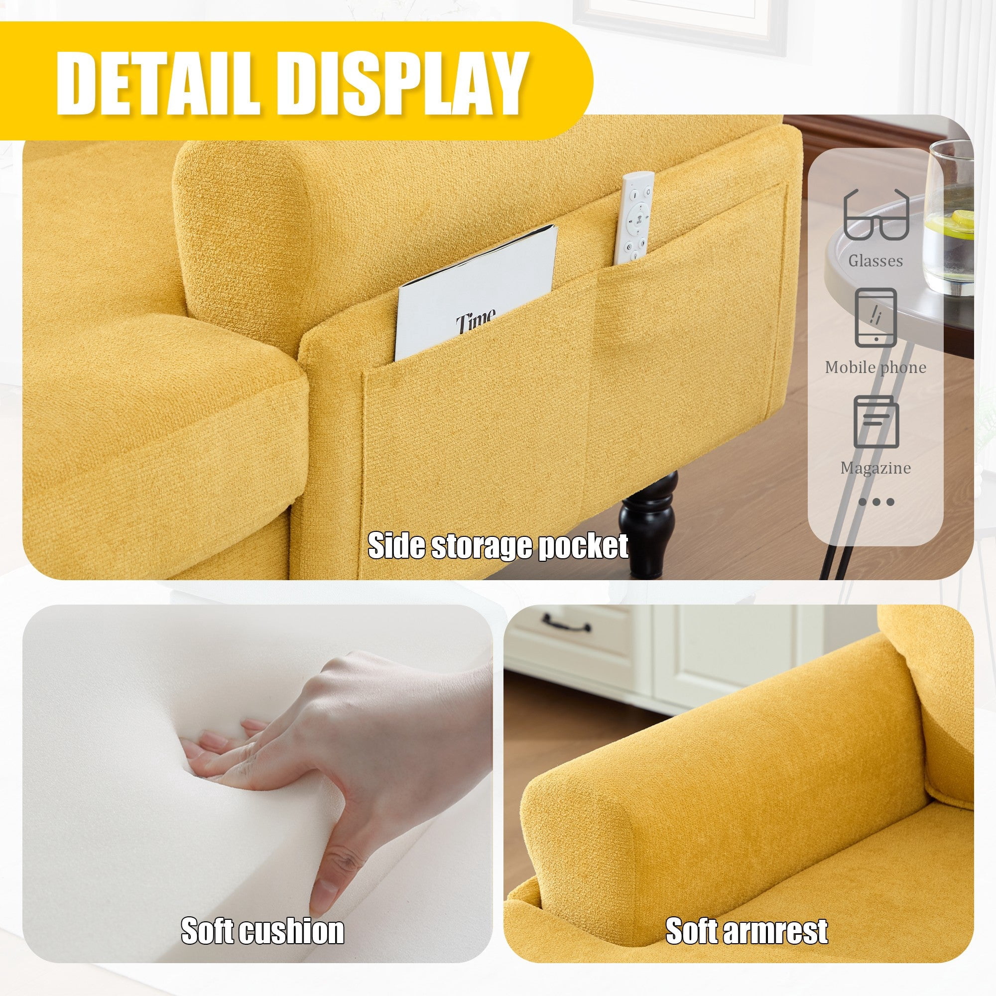 Sailvan Modern Chenille Chaise Lounge Indoor Recliner Chair Single Sofa with Storage Pocket & Solid Wood Legs Mustard yellow