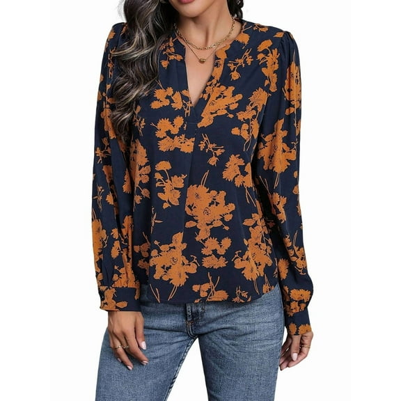 Women'S Floral Print Long Sleeve V-Neck Shirts Loose Casual Workout Blouses Navy Blue S