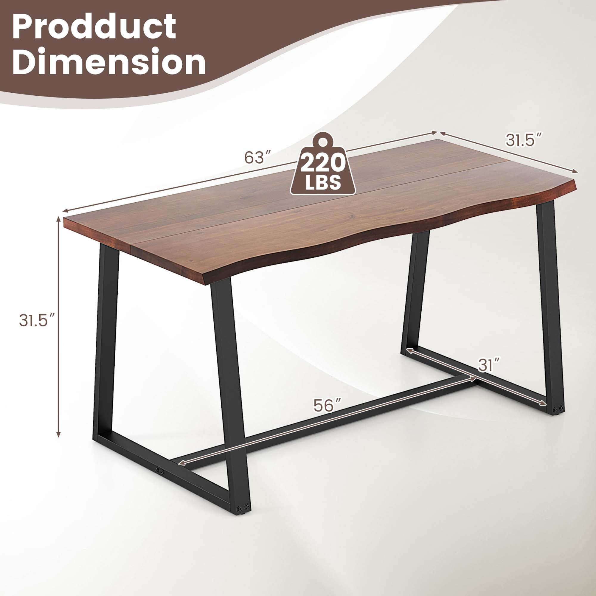 Costway 63" Large Dining Table for 4-6 People with Wavy Edge Heavy-duty Metal Frame Coffee