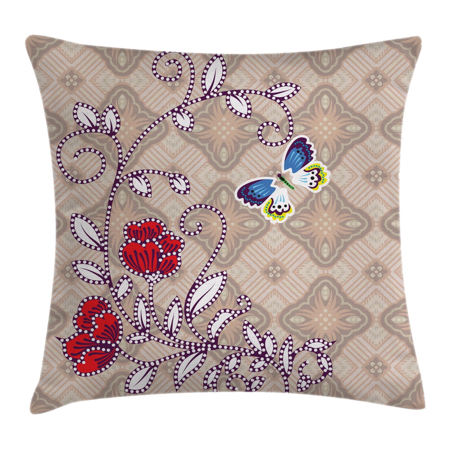 Batik Decor Throw Pillow Cushion Cover, Flower Body with Curved Branch and Butterflies on Retro