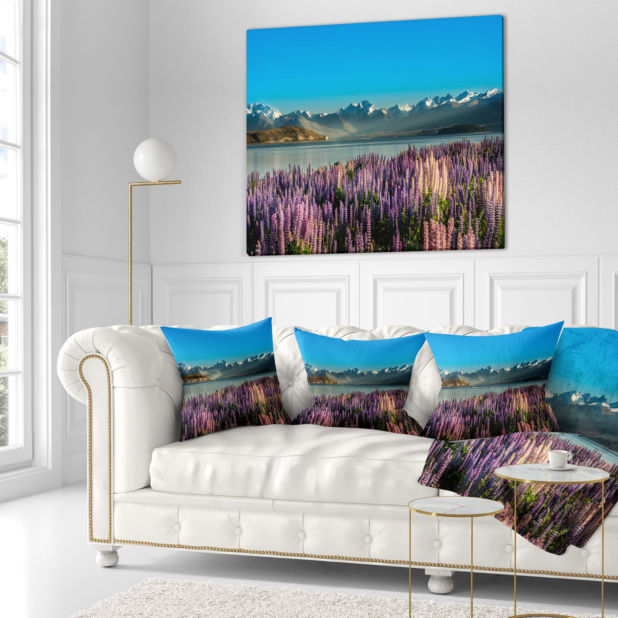 Designart Incredible Mountains Waters and Flowers - Landscape Printed Throw Pillow - 18x18