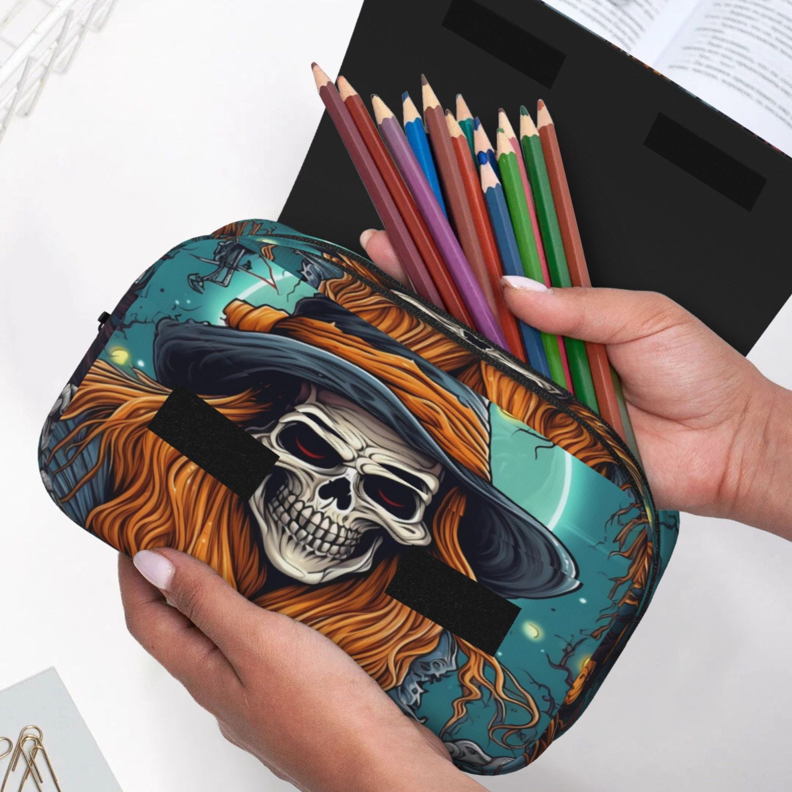 Rateoe Cartoon Pumpkin Skull Pattern Double Clamshell Pen Case, Storage Organizer with Two Zipper Compartments– Holds Up to 50 Pencils & Pens