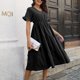 thumbnail image 5 of Vestido largo de mujer con cuello en V, manga corta, dobladillo con volantes, vestido casual de color puro para uso diario, 5 of 7