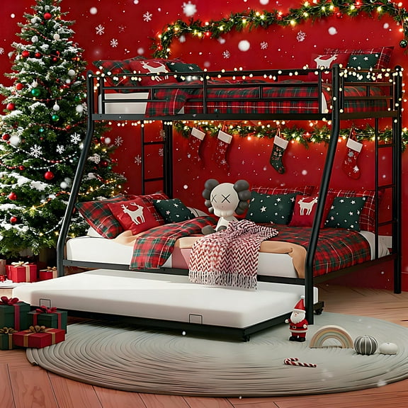 CITYLE Metal Triple Bunk Bed with Trundle, Twin over Full Bunk Bed with 2 Bulit-in Side Ladders for Teens and Adults, No-Noise, Easy Assembly, Black