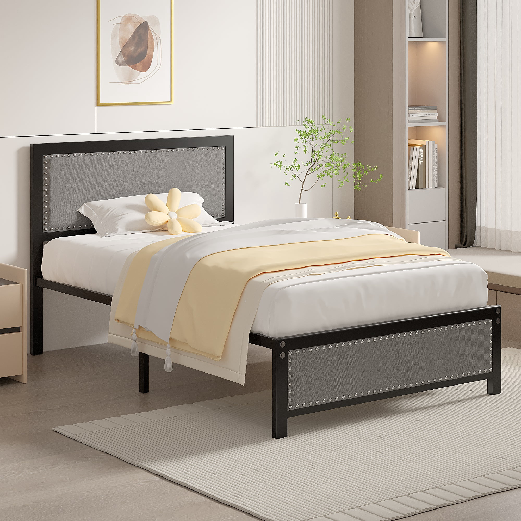 VECELO Twin Size Bed Frame Metal Platform Bed with Upholstered Headboard, No Box Spring Needed, Gray