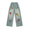 thumbnail image 2 of Girl's Pants Bowknot Wide Leg Flare Cargo Boot Cut Denim Baggy Jeans Trousers, 2 of 4