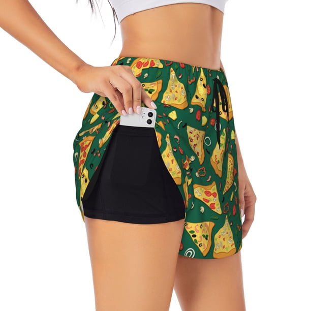 Balery Pizza Pantalones cortos deportivos para mujer con forro y dos bolsillos, elásticos, para entrenamiento, gimnasio, yoga-Medium