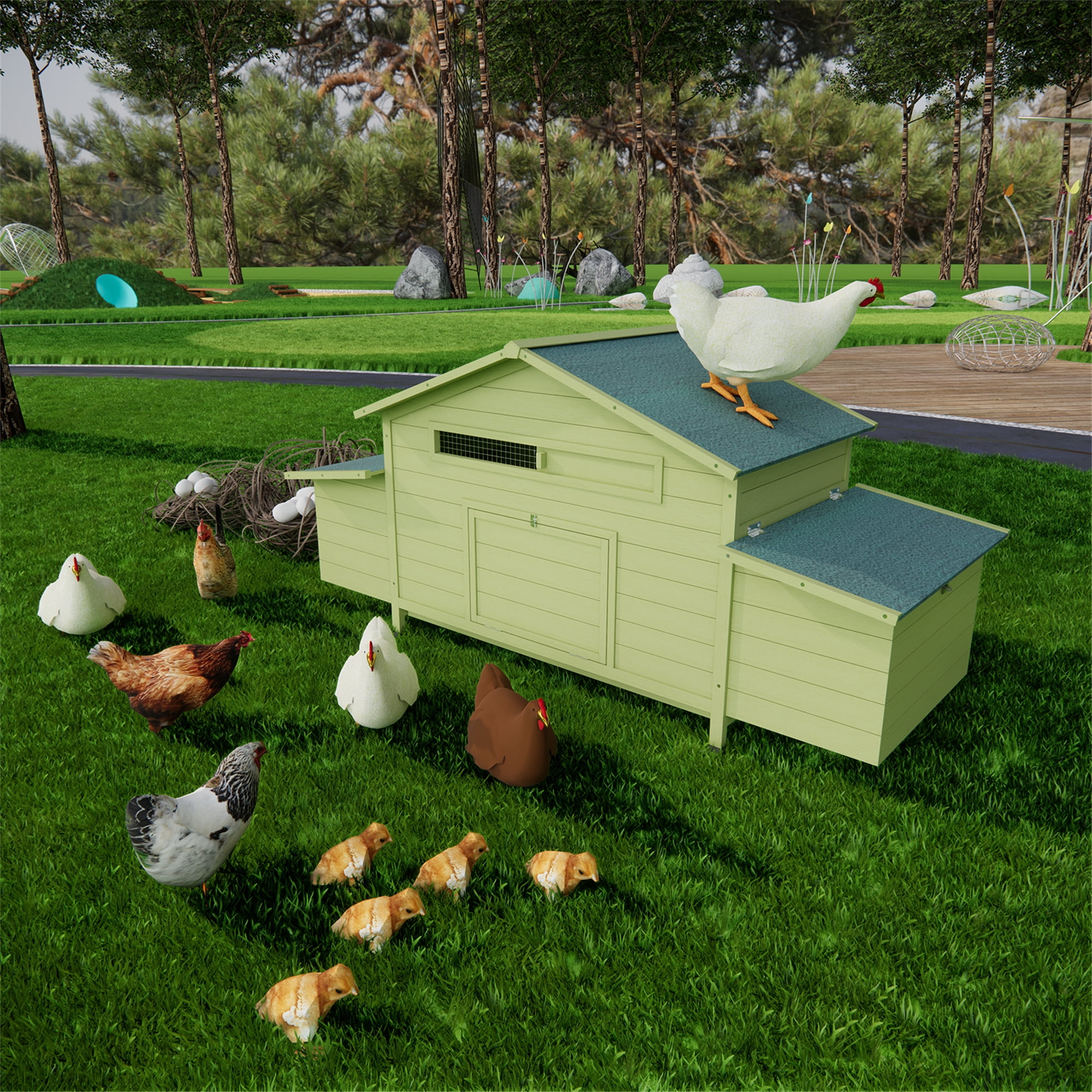 Aukfa 70" Large Chicken Coop Wooden 4 Nesting Boxes Chicken Cage for Outdoor, Backyard, Green