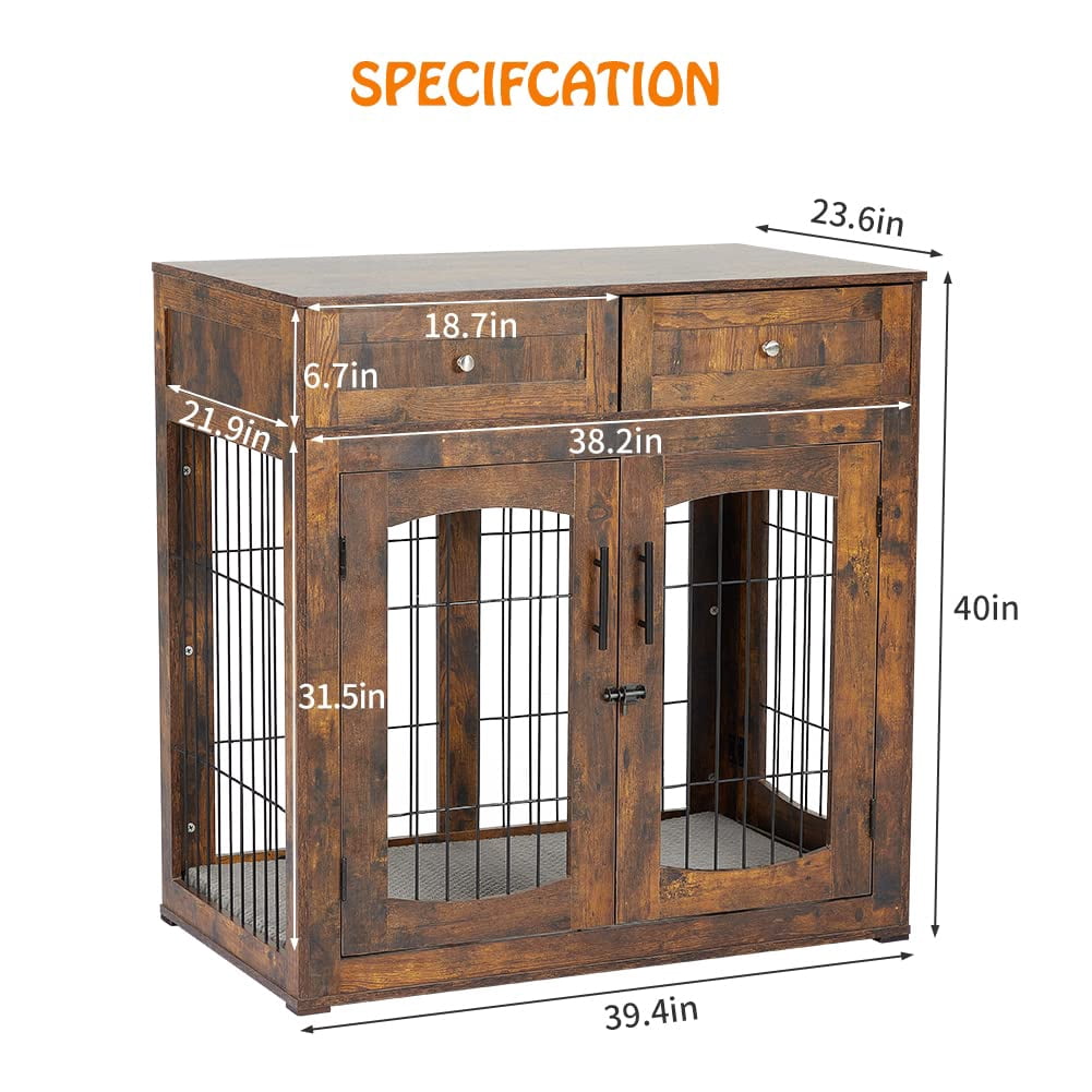 Kselythan Dog Crate Furniture with 3 Doors,39.4" Large Dog Crate with 2 Drawer & Cushion,Wooden Dog Crate Table Dog House Kennel for Medium/Large Dog,Indoor End Table Dog House Dog Cage