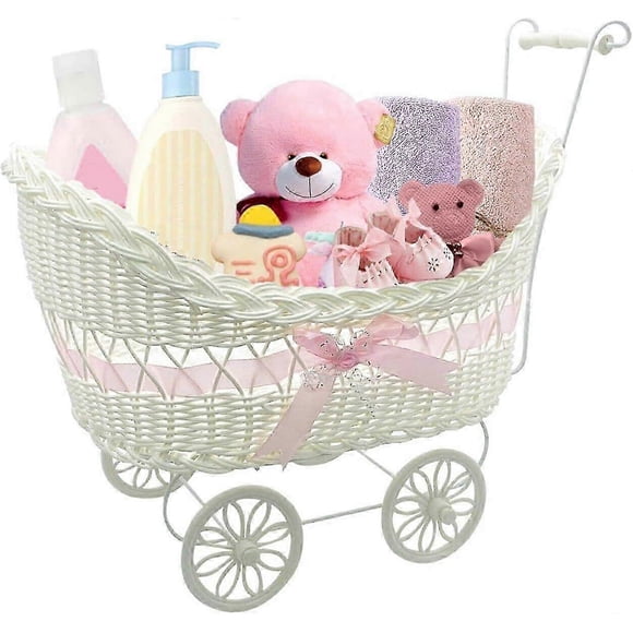Baby Pram Hamper Wicker Toy Basket with Handles and Wheels Great Gift for Boy & Girl Baby Showers or Newborn Baby Gifts (Pink)