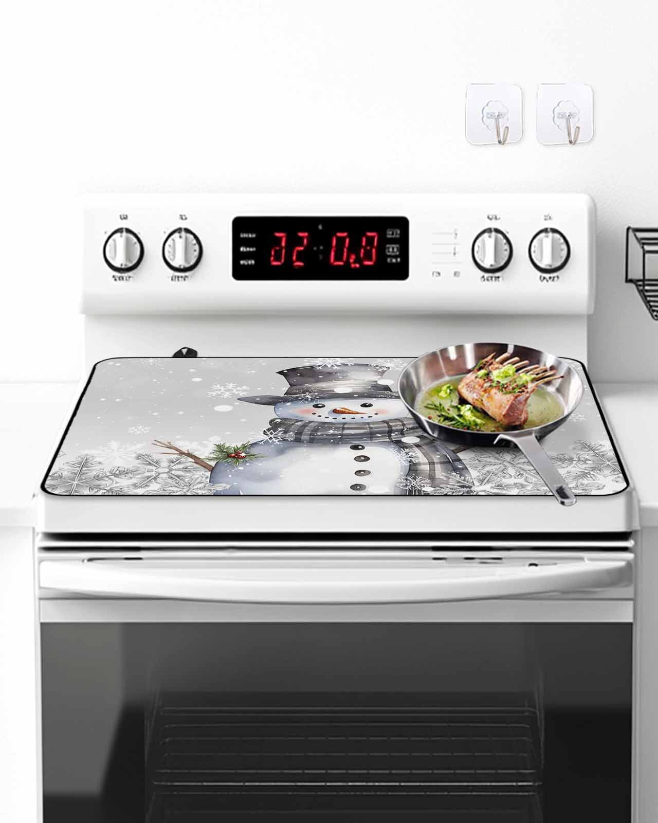 Merry Christmas Stove Top Covers for Electric Stove, 28'x20'' Grey Snowman and Whinter Snowflake Glass Ceramic Stove Cover Foldable Rubber Mat Heat Resistant Cooktop Protector for Kitchen