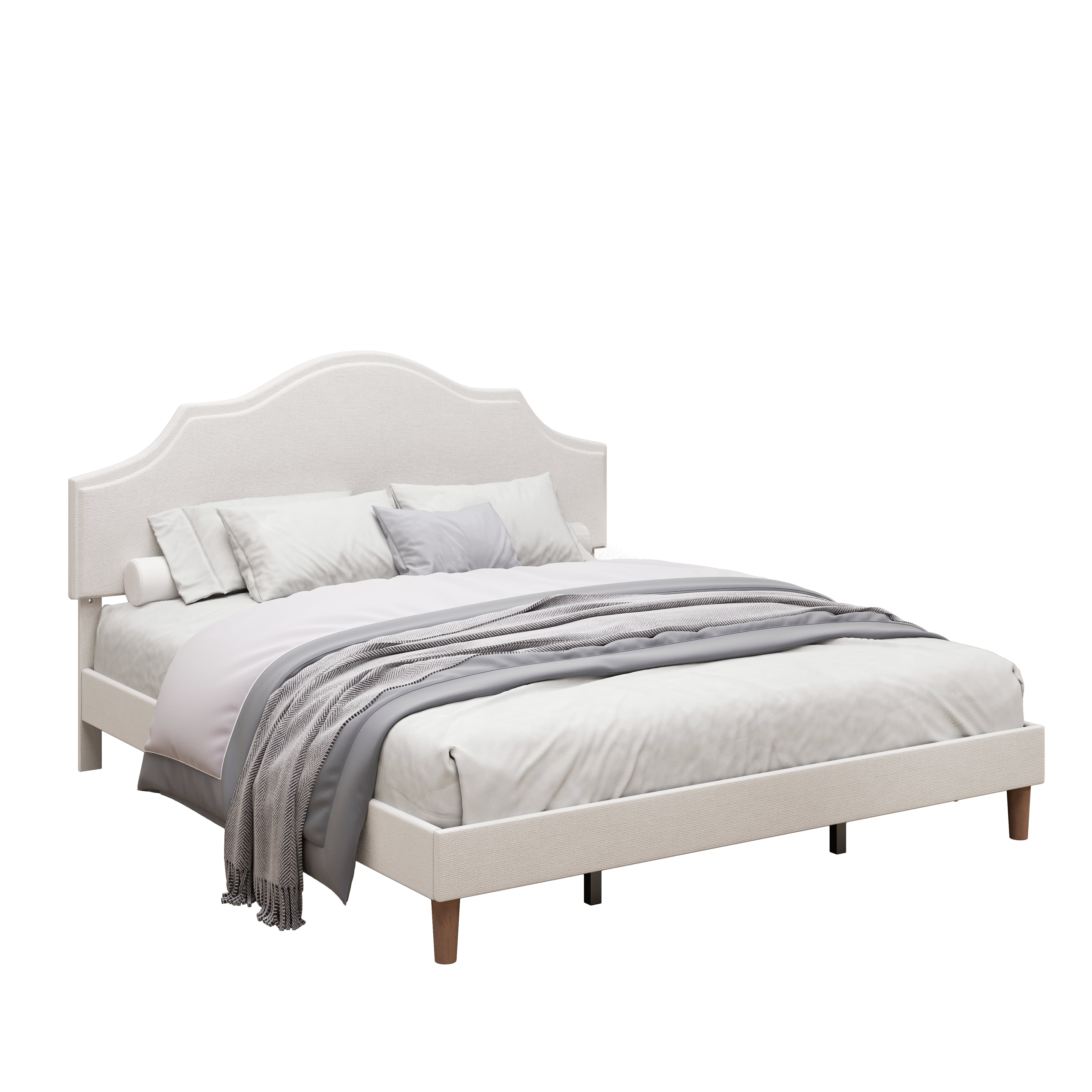 King Size Bed Frame Upholstered Platform Bed with Adjustable Headboard,Linen Fabric Padded,Modern Simple Style Platform Bed No Box Spring Needed, Easy Assembly, White