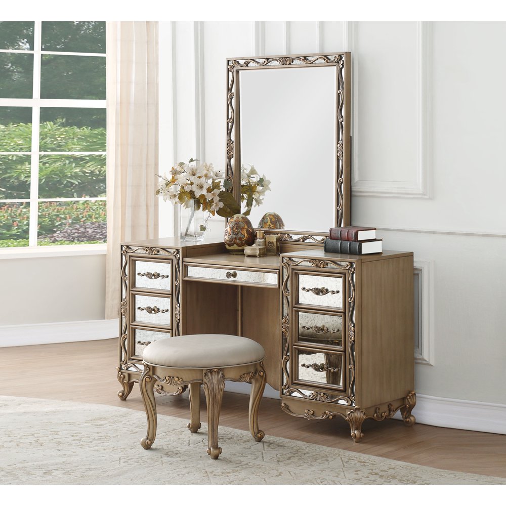 Wooden Vanity Desk with Seven Drawers and Mirror Accents, Brown and
