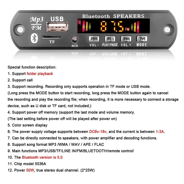 Amplificador de 5V CC, 18V, 50W, placa decodificadora de MP3, Bluetooth 5,0, reproductor de MP3 para coche, módulo de grabación USB, Radio FM AUX para altavoz, manos libres Tan Jianjun unisex