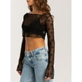 thumbnail image 5 of Aojekbee Women Crop Tops, Long Sleeve Boat Neck Dots Bow Sheer T-shirt Fall Tops Clubwear, 5 of 8