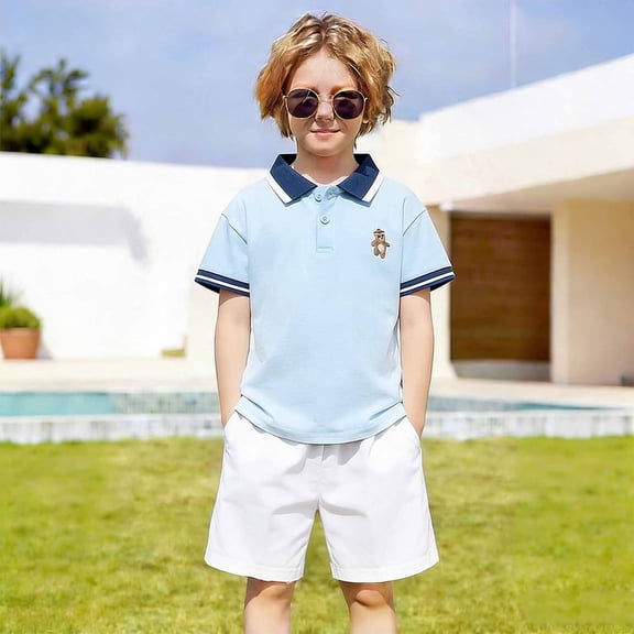 Toddler Tshirt Kids Summer Short Sleeve Collar Polo Shirt Comfortable Casual Top Boys' Tops Sky Blue 18-24 Months