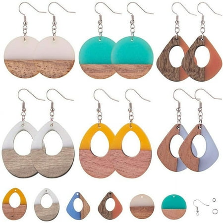 1 Bag 64Pcs 6 Colors Resin Wood Dangle Drop Earring Making Starter Kit Lightweight Round Drop Resin Wooden Pendant Charms Jewelry Making Supplies for Women Beginners
