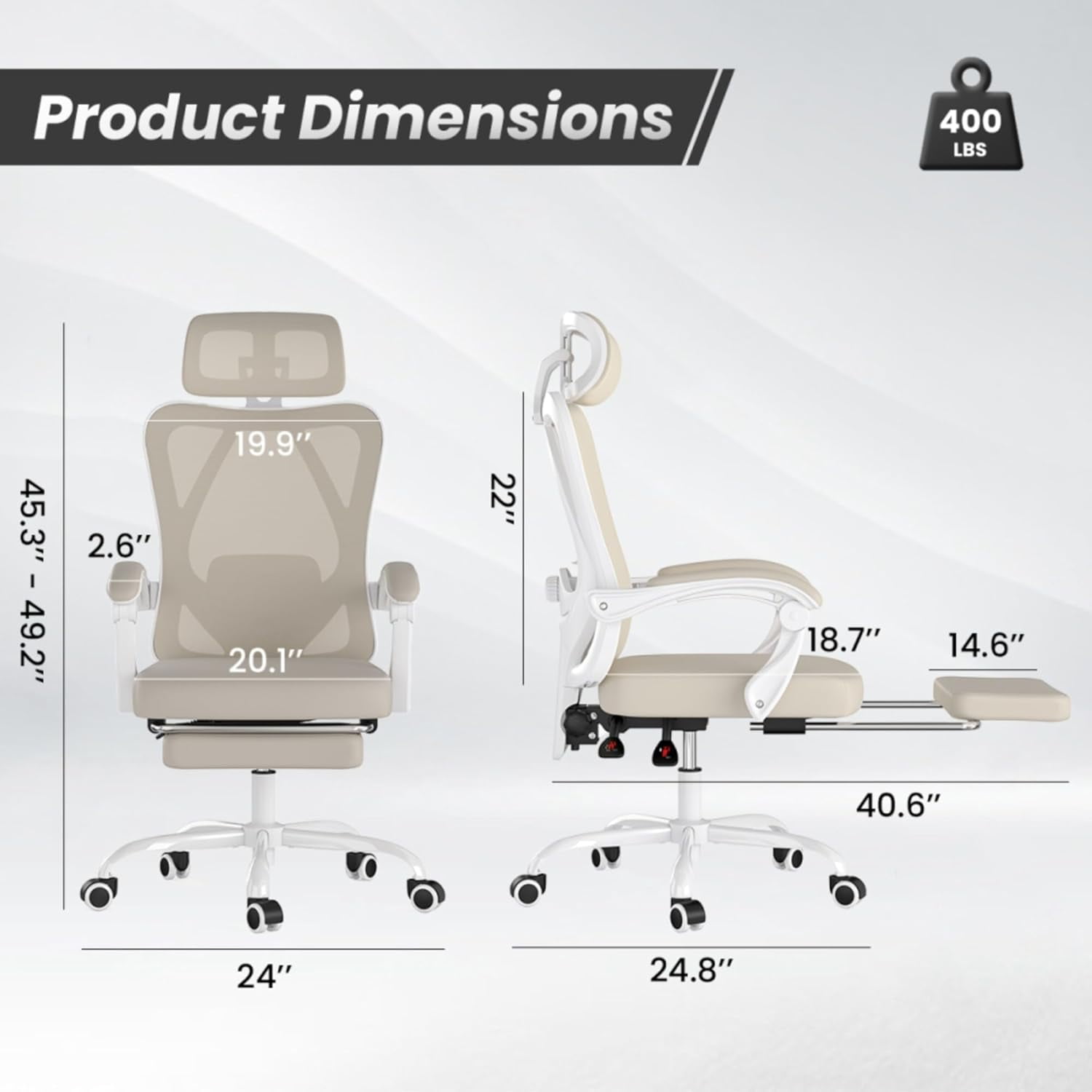 BISHE Ergonomic Office Chair with Footrest & Adjustable Headrest, Reclining Computer Chair with Customizable Lumbar Support, Breathable Mesh Back & Seat, 360° Swivel Wheels, Khaki