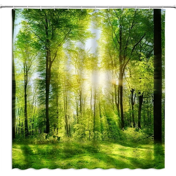 Forest Shower Curtain Green Tree Leaves Bright Sunshine Fresh Meadow Spring Scene Nature Landscape Fabric Bathroom Decor Set with Hooks(70" Wx84 H)