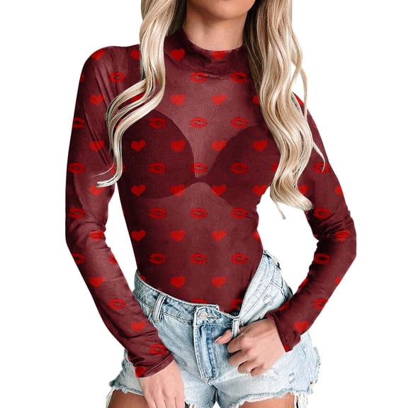 Shadoumai Valentines Shirts for Women Heart Print Long Sleeve Mesh Top See Through Neck Blouse Valentine Outfits