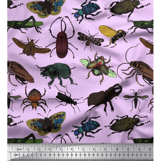 Soimoi Purple Polyester Crepe Fabric Beetle & Honey Bee Insects Print Sewing Fabric BTY 42 Inch Wide