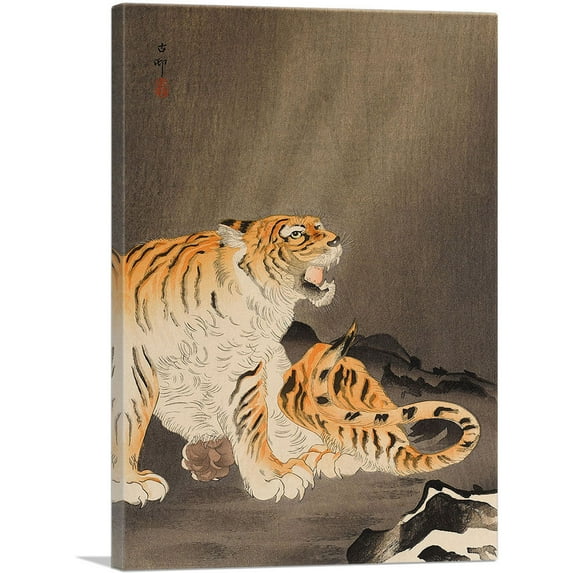ARTCANVAS Roaring Tiger Near Rocks Canvas Art Print by Ohara Koson - Size: 26" x 18" (0.75" Deep)