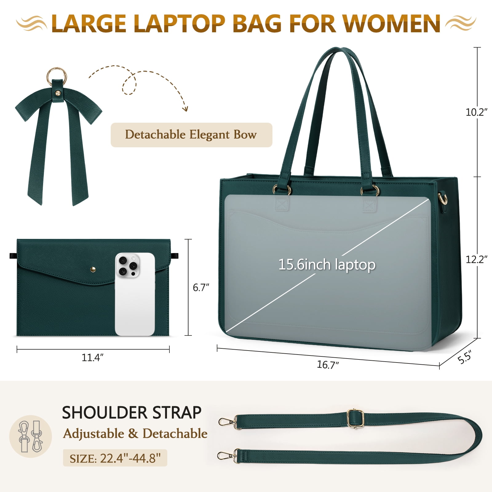 RAINSMORE Women's Handbag 15.6 Inch Leather Tote Bags Waterproof Laptop Briefcase Office Business Work Travel Handbag for College Teacher