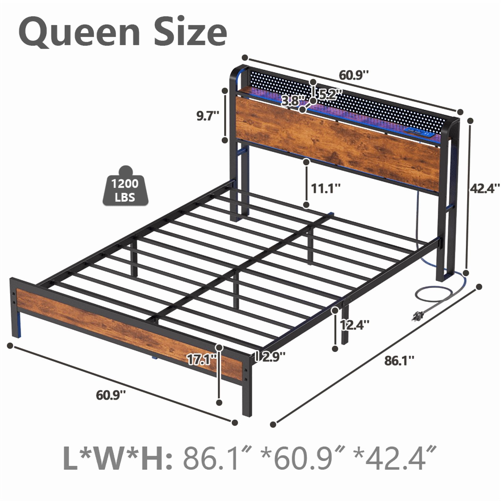 Satifur LED Bed Frame Queen Size with Charging Station, Platform Metal Bed Frame with Storage Headboard, No Box Spring Needed, Noise-Free