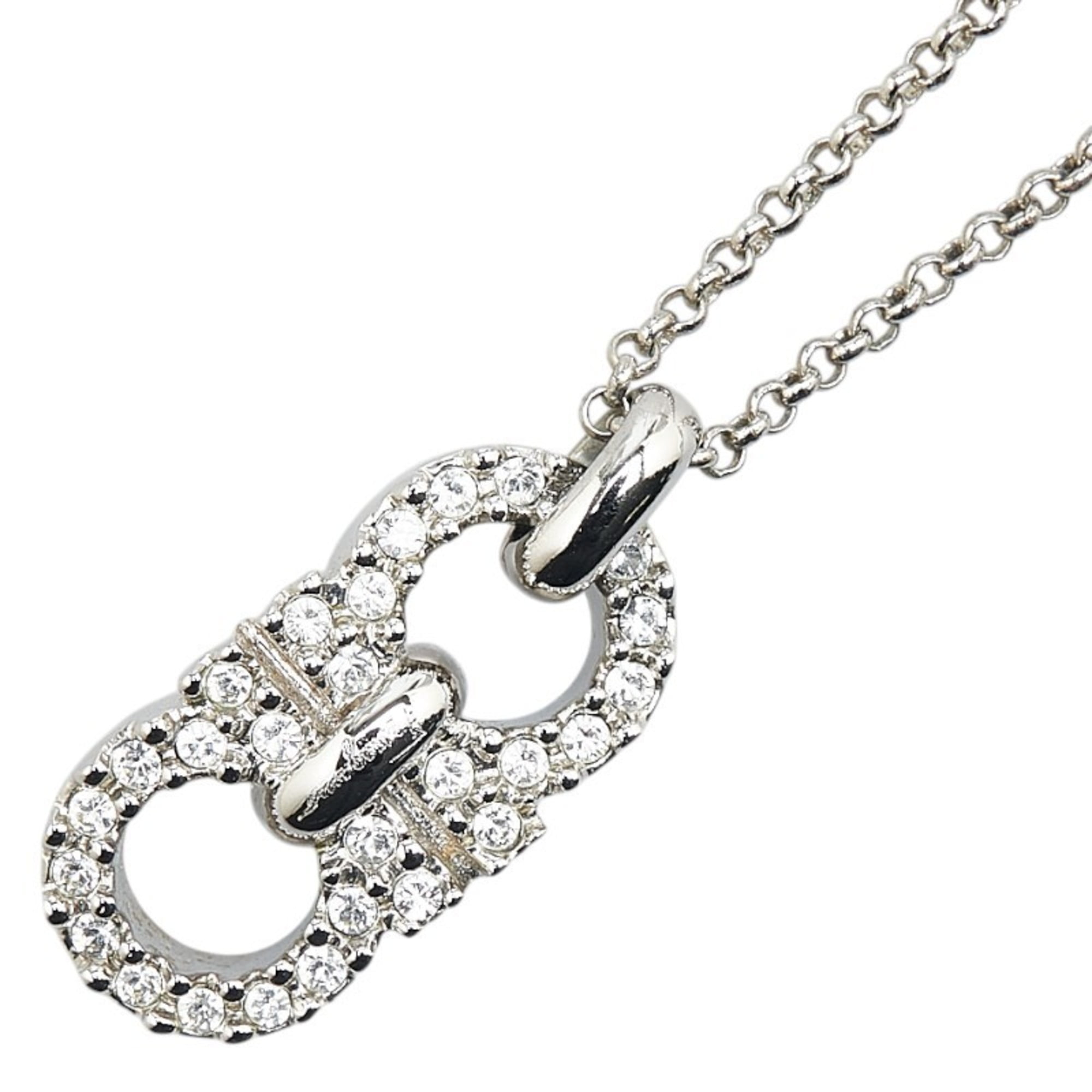 Pre-Owned Salvatore Ferragamo Gancini Rhinestone Necklace Silver Metal Women's (Good)