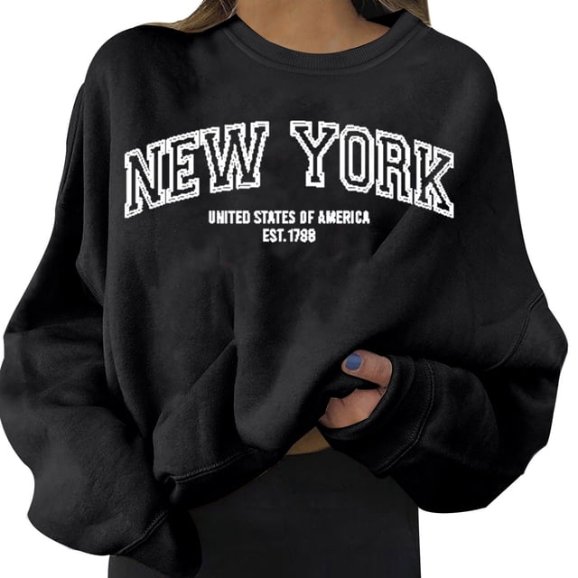 Bmisegm Chandail en Molleton Imprimé Quotidien pour Femmes Pull Long Imprimé Lettre Col Rond Manches Longues Skateboard Blouse Décontractée pour Femmes Noir TG