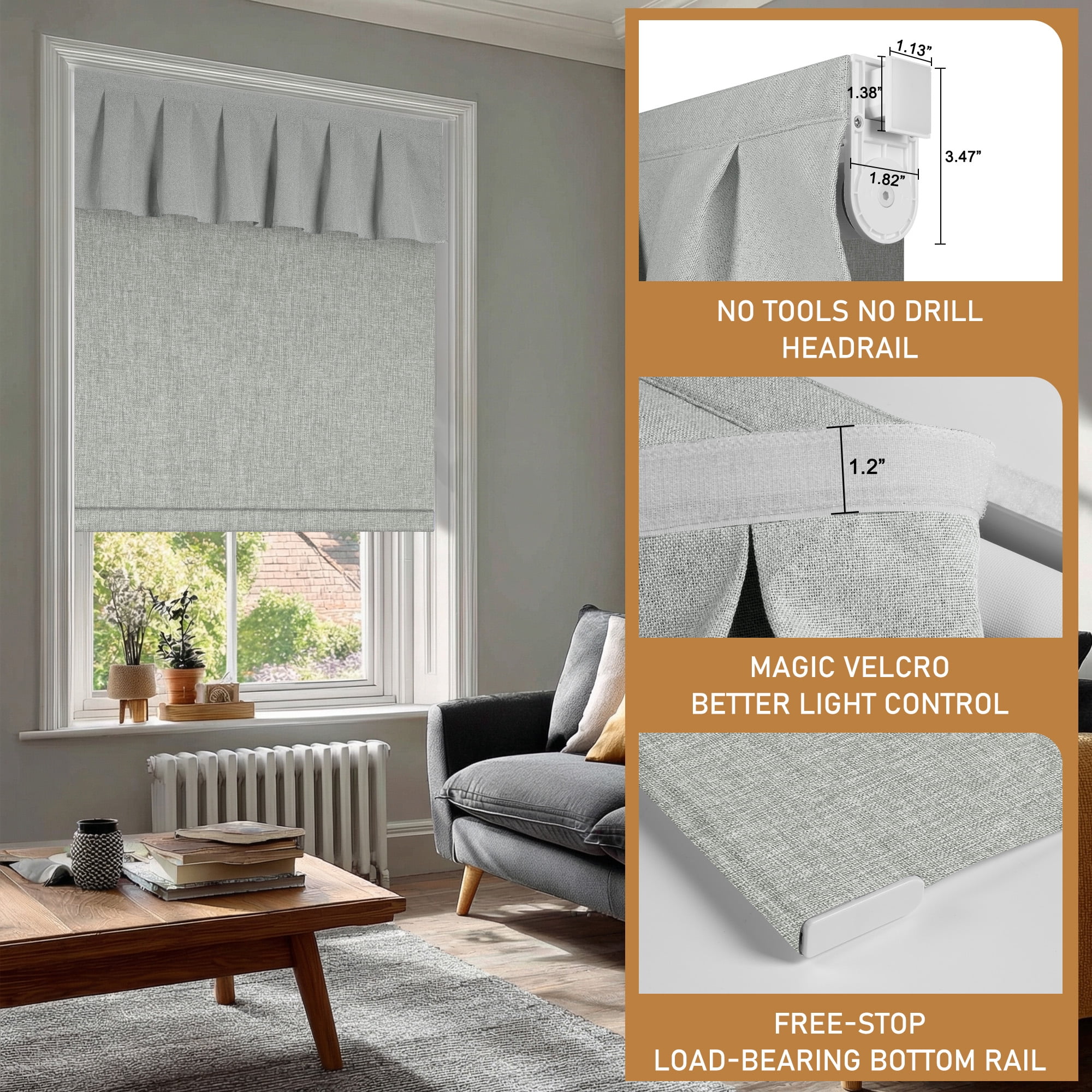 BERISSA No Drill Blinds for Indoor Windows, Blackout Roller Shade With Valance, Room Darkening Noise Reduction Thermal Insulation Roller Blinds for Office and Home,Easy to Install,46"W X 48"H,Gray