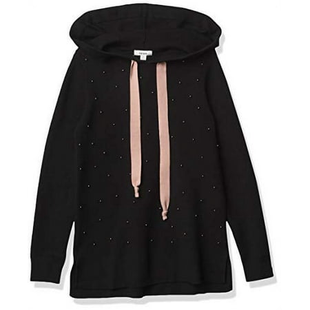 kensie Women's Viscose Blend Hooded Sweater with Pearl Front, Black, XS