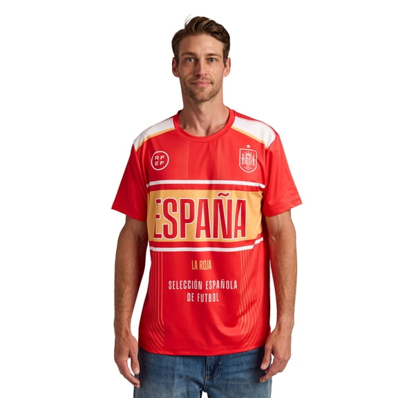 Spain National Team Champions Soccer Jersey T-Shirt - Men's Red & Blue Crew Neck Short Sleeve Federation Logo Tee