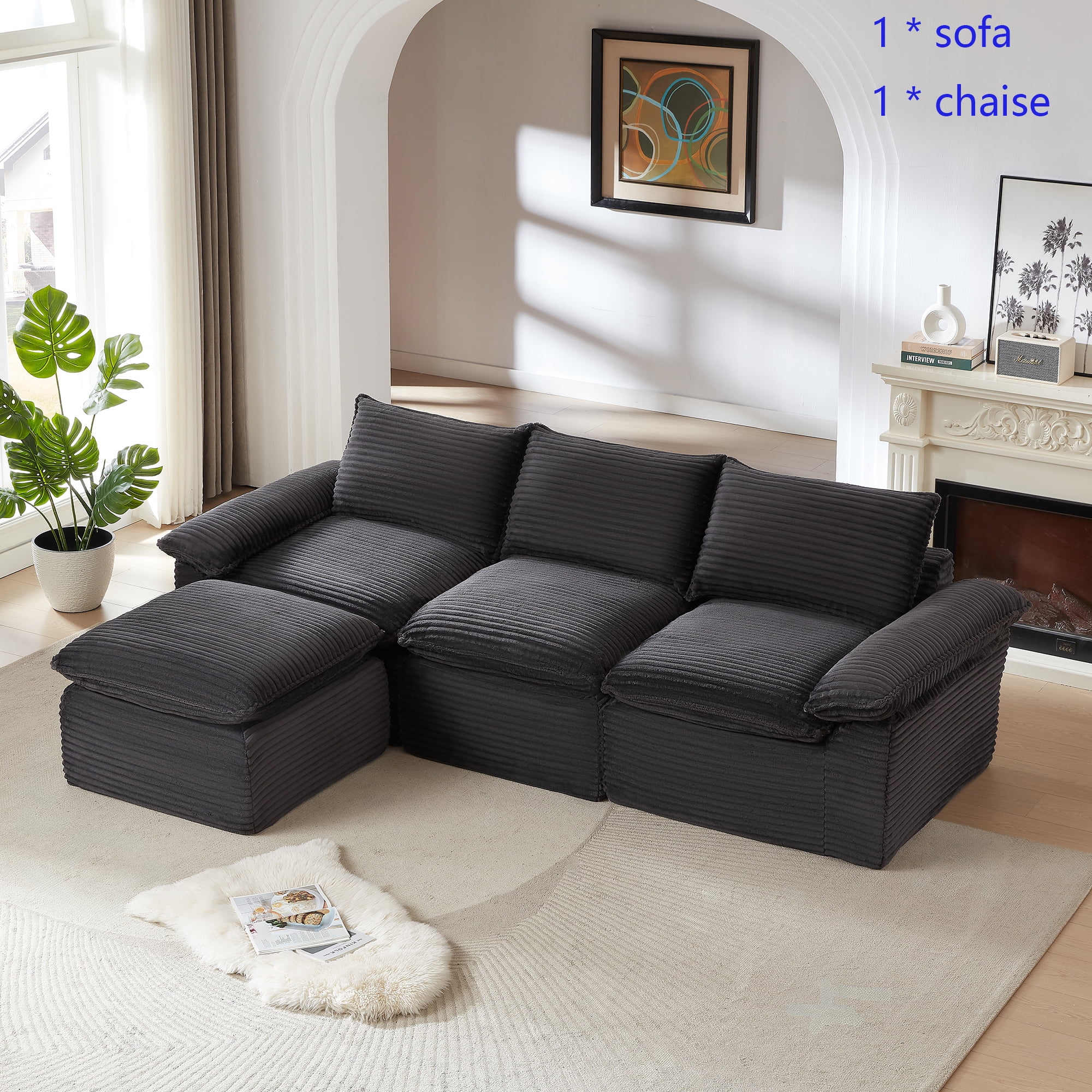 Miniyam 30.7" * 70"* 35.43" Corduroy Chaise for Sectional Sofa, Can be Freely Combined, Dark Gray