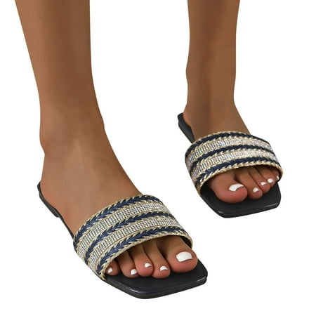 

ZIZOCWA Summer Women Slippers Lightweight Flat Bottom Open Toe Breathable Flip Flops Square Toe Rhinestone Outdoor Elegant Sandals Black Size8.5