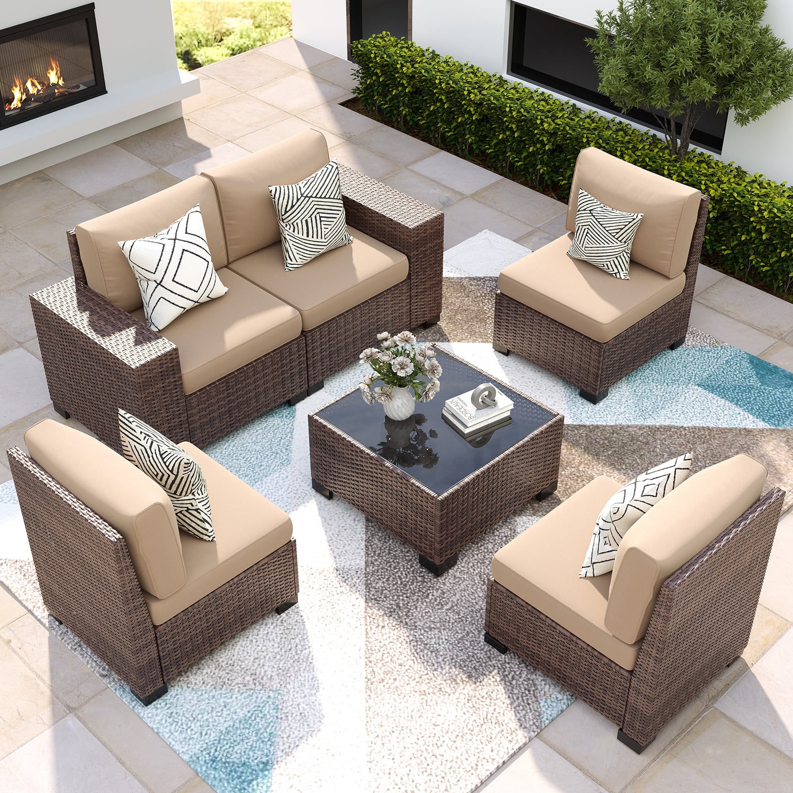 ELPOSUN Outdoor Sectional Furniture Set 6-Piece Brown Rattan Wicker Conversation Sofa Set with Glass Top Table,Beige Cushions