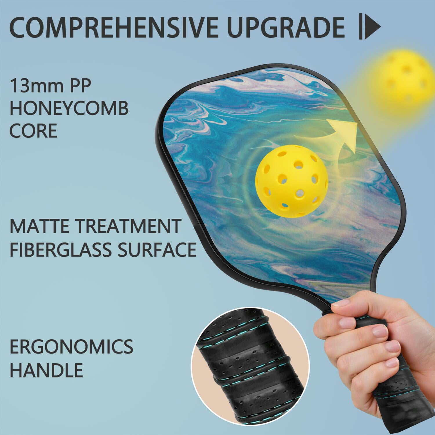 Pickleball Paddles Set Of 1, Fiberglass Surface, Liquid & Marble Print, 1 Paddles, 2 Balls & Bag
