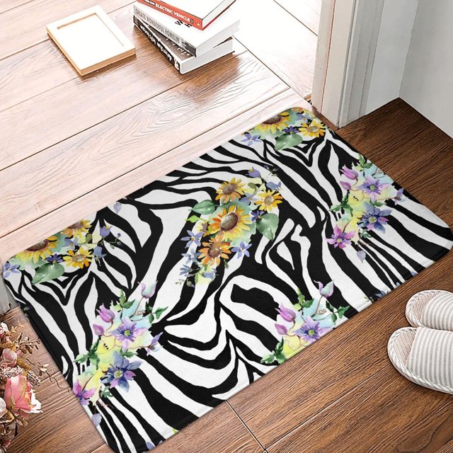 Front Door Mat Zebra Skin Flower Bedroom Entryway Rug Non-Slip Washable Indoor Carpet Doormat Decorative Low Profile Area Rug for Home Living Room Bedroom Laundry Floor Decor, 24 x 16 Inch