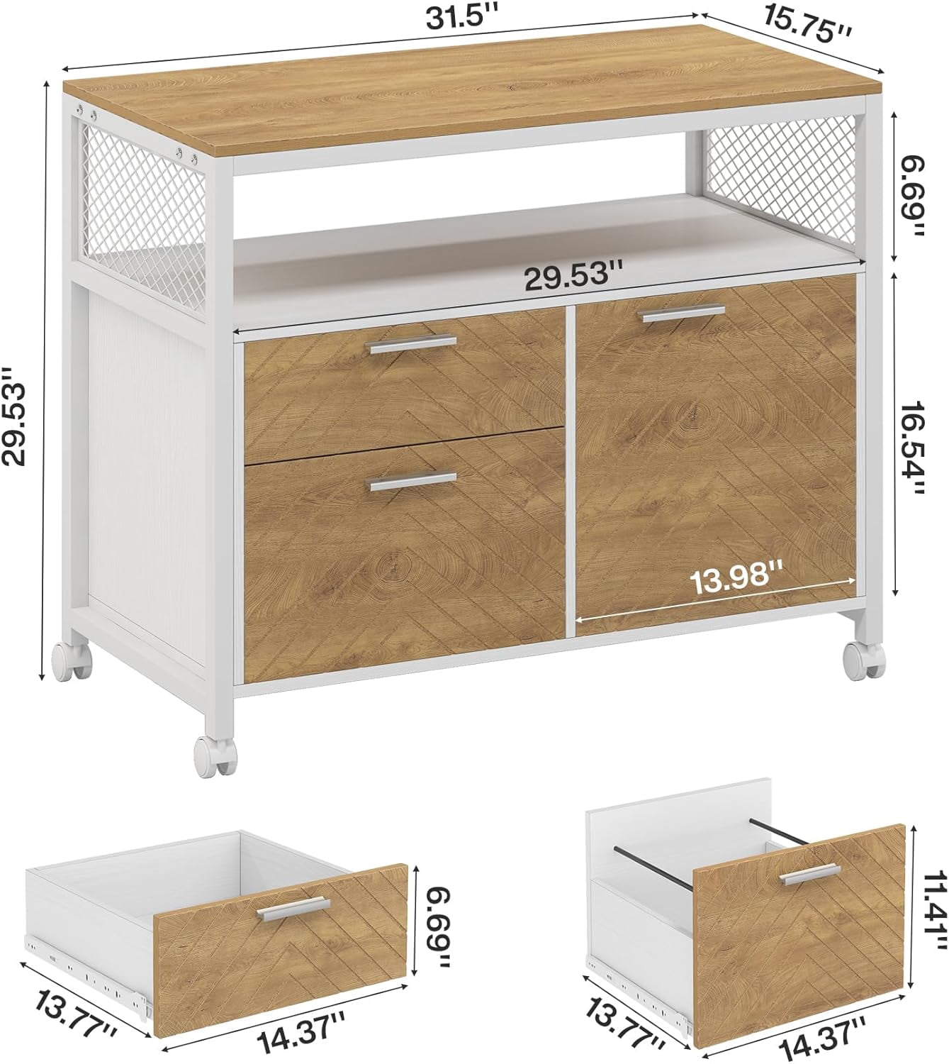 Fnova Modern File Cabinet with Drawers for Letter-Sized File and Door, Lateral Filing Cabinet Printer Stand with Storage Shelves and with Rolling Caster for Home Office, Rustic
