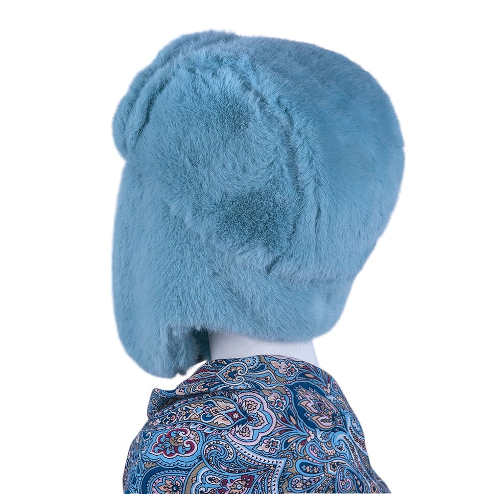 STP GOODS Turquoise Blue Faux Rabbit Fur Women's Earflap Hat with Clasp Trapper Hat for Women Ushanka Hat with Brooch Aviator Trapper Hat Winter Hat with Earflaps, One Size