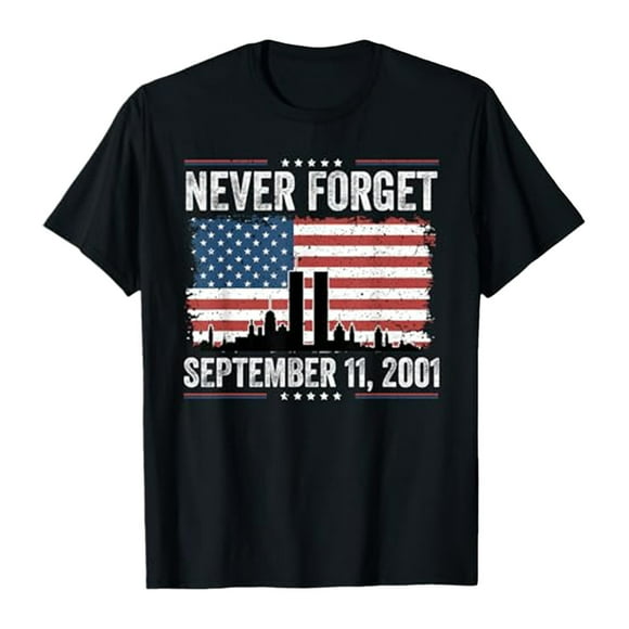 Wyzesi Black T Shirts Slim Fit Men Male Never forget September 11 2001 Memorial Day Short Sleeve Round Neck T Shirt Floral Fashion Trend Bottoming Shirt Tops Cotton Long Sleeve T Shirts Men Pack